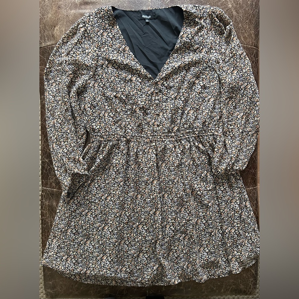 Madewell Floral V-neck Elastic Waist Long Sleeve Mini Dress Ruffle Shoulder